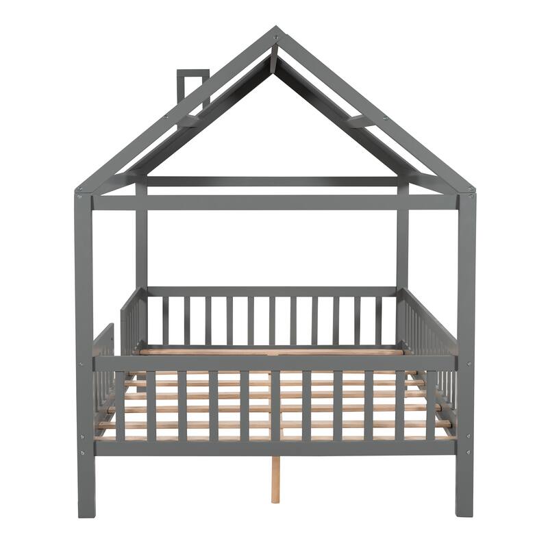 Pine House Platform Bed with Roof and Fence
