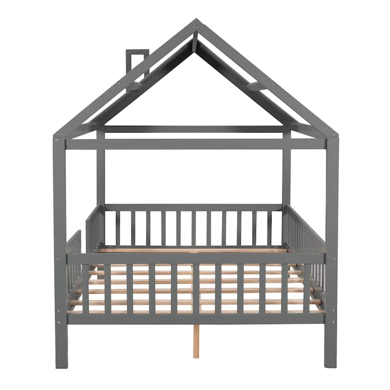 Wood House Bed with Fence