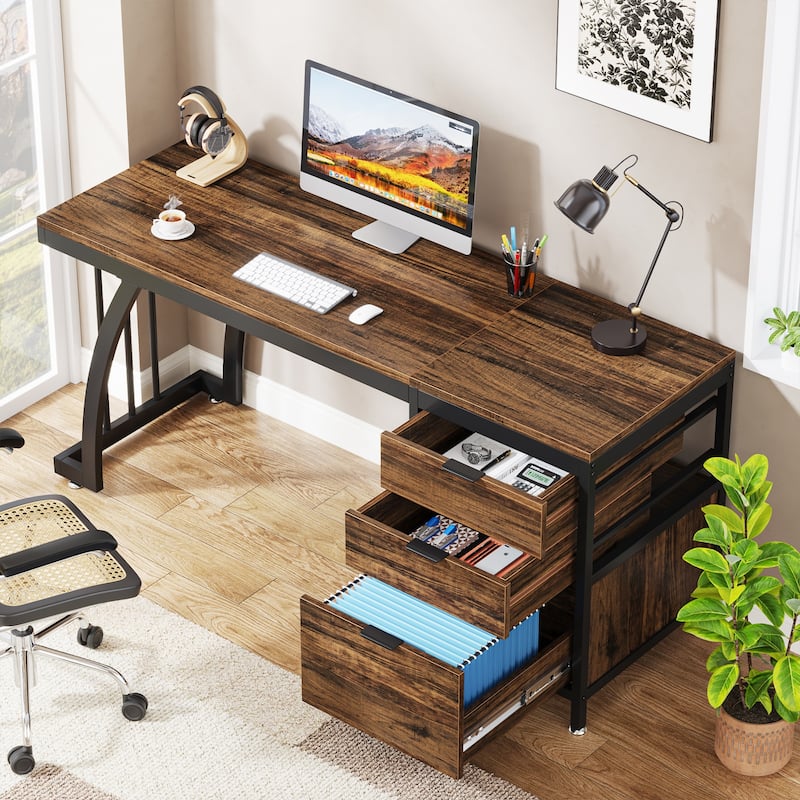 59 inch Reversible Computer Desk with 3 Drawer Cabinet, Industrial Study Writing Table Workstation for Home Office Bedroom