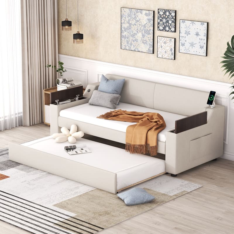 Twin Upholstered Daybed with Trundle and Storage Arms, Beige Linen Fabric Bed with USB Charging Ports