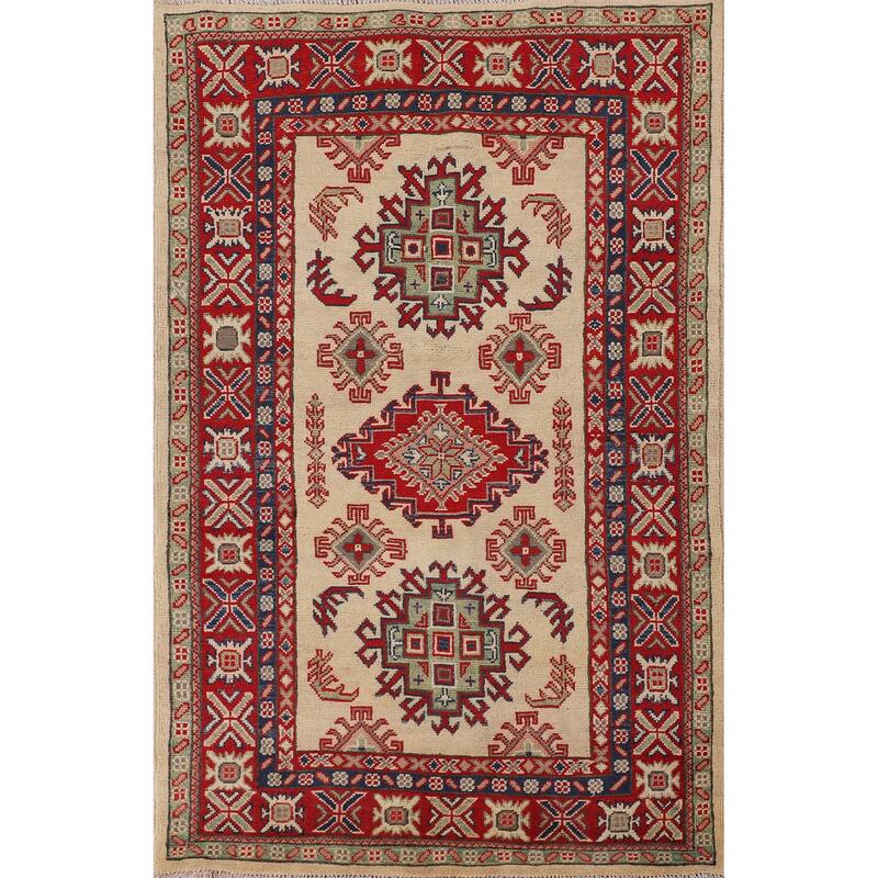 Kazak Accent Rug Handmade Beige Wool Carpet - 3'3"x 5'4"