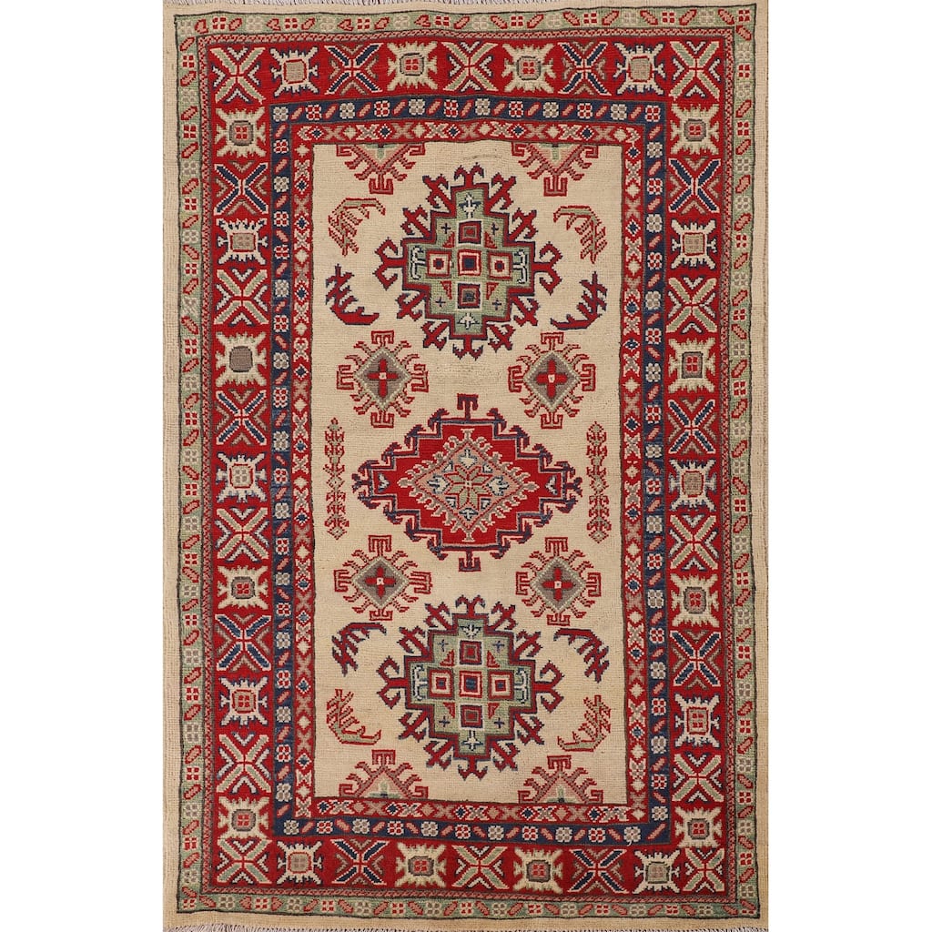Kazak Accent Rug Handmade Beige Wool Carpet - 3'3"x 5'4"