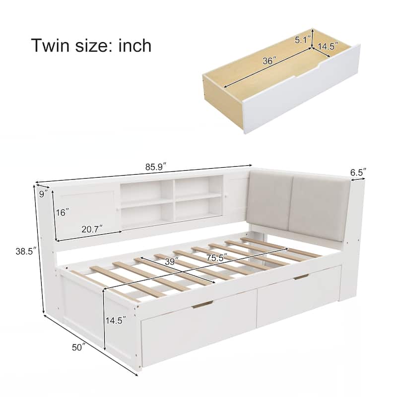 Wooden Twin Size L-shaped Daybed Corner Bed Under-bed Drawers with Storage Bookcase and Upholstered Headboard