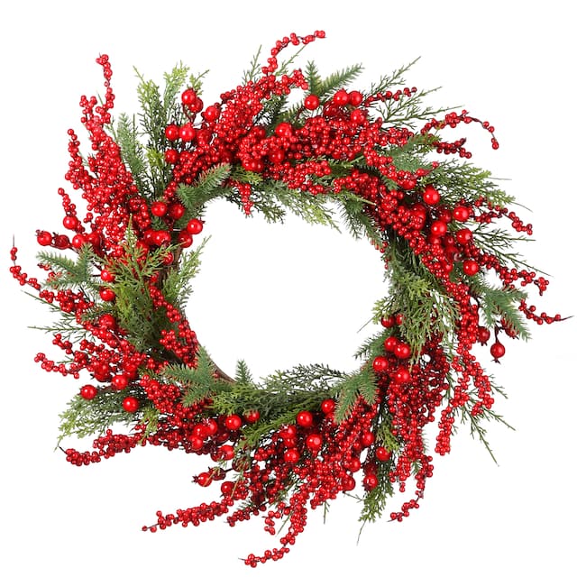24" Cedar and Berry Wreath - Red - 24 in