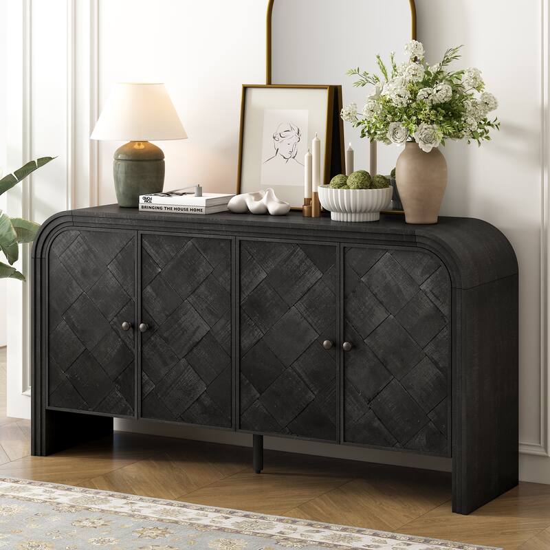 Arched 4 Door Sideboard Entryway Cabinets Accent Cabinet with Woven Wood Slat Doors and Metal Door Handle for Entryway