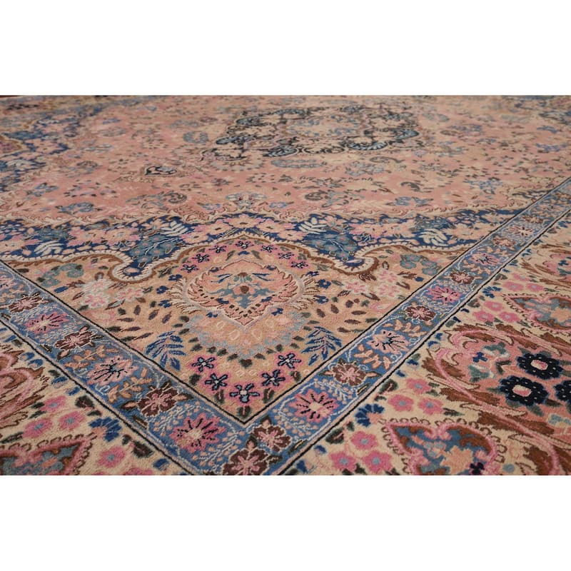Vegetable Dye Pink Yazd Vintage Persian Area Rug Handmade Wool Carpet - 9'7" x 12'5"