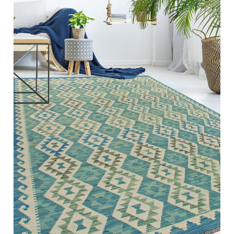 Sun Faded Flatweave Rahmatul Blue-Grey/Ivory Rug - 5'6" x 8'0"