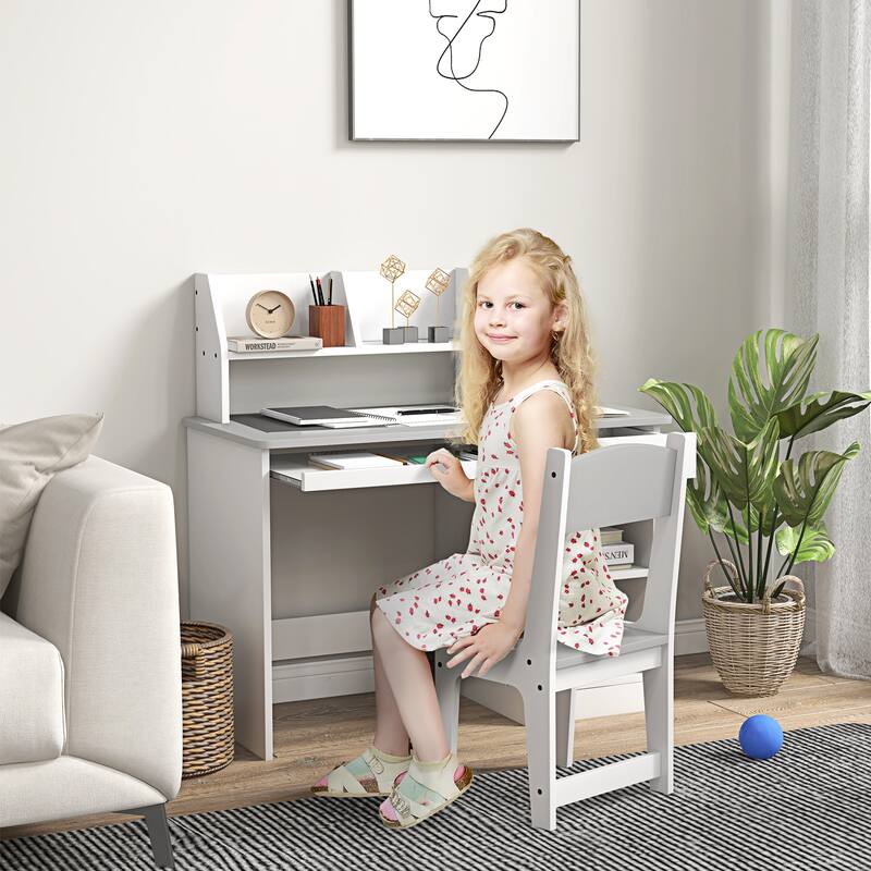 Kids Desk and Chair Set with Storage Drawers and Shelves MDF Study Table for Children Ages 5 to 8 - 35.5" L x 17.75" W x 35.5" H - Grey