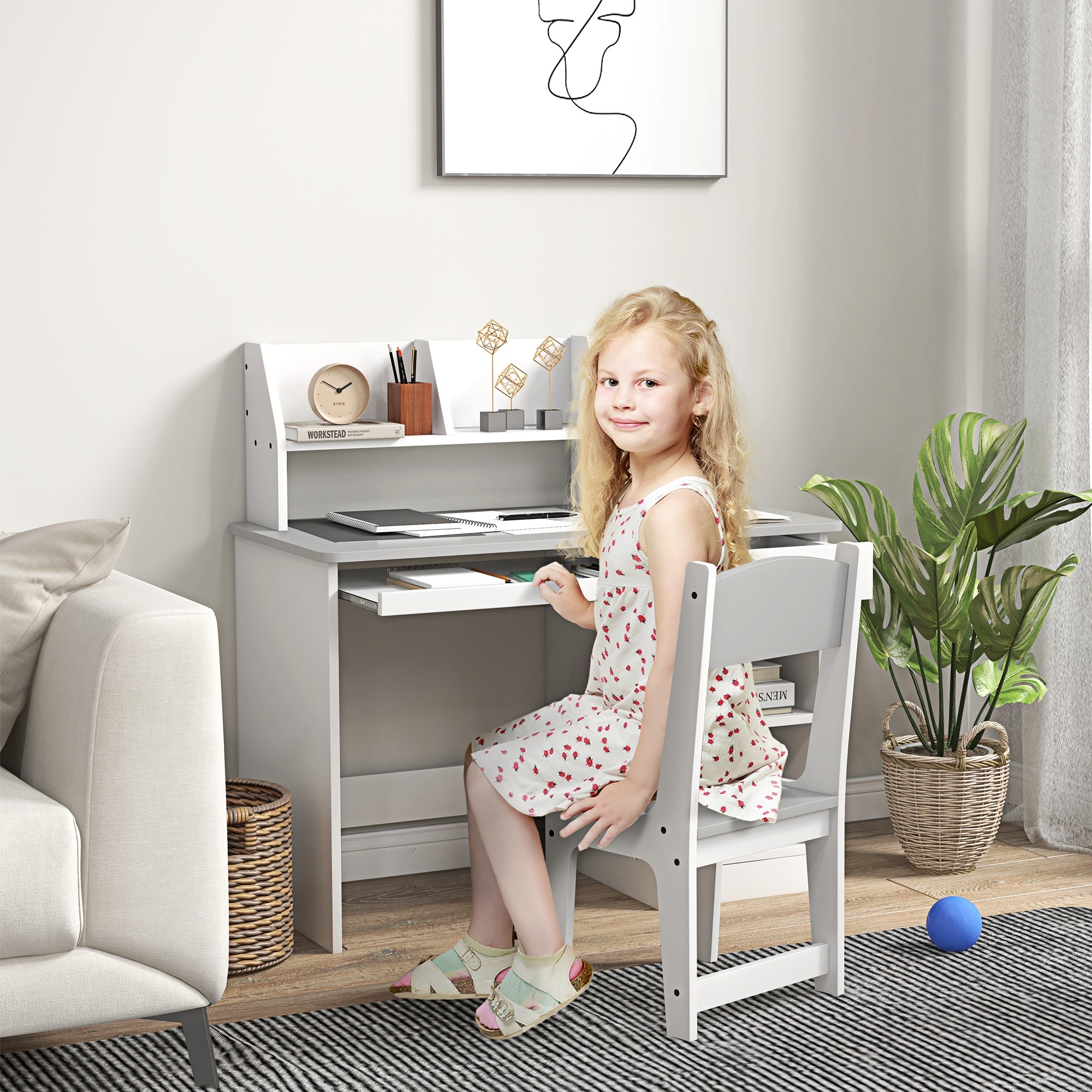 Qaba Kids Desk and Chair Set with Storage Study Desk with Chair for Children 5 8 Years Old White