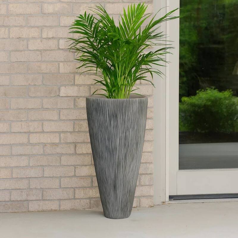 Hand Made Conical Ribbed Flower Vase Sandstone Planter, White