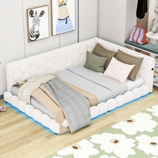 Full Size Platform Bed w/ USB Ports Daybed & LED Upholstered Bed Frame