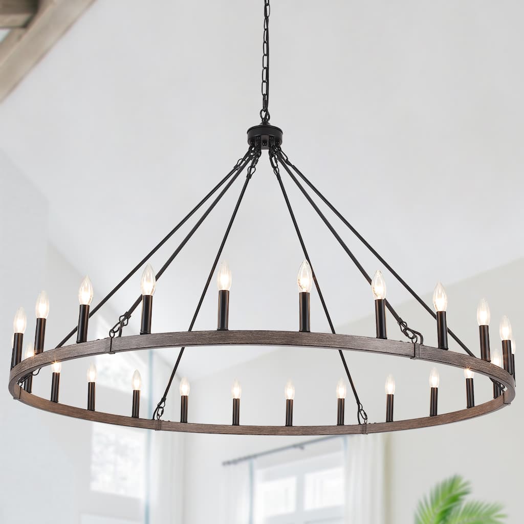 52" Farmhouse 24-Light Lagre Wagon Wheel Candle Chandelier for Dining Room