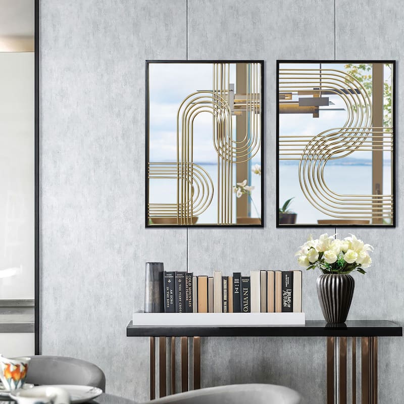 Modern Gold Iron Loops Rectangular Accent Wall Mirrors (Set of 2) - 25.98" H x 17.91" W x 0.98" D