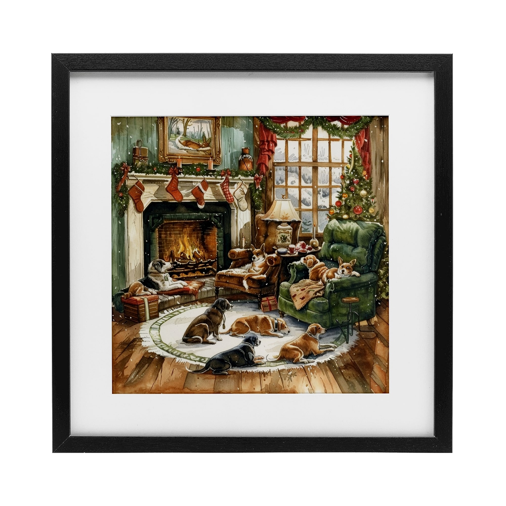 Stupell Dogs Around Christmas Fireplace Under Glass Framed Design By LSR Design Studio