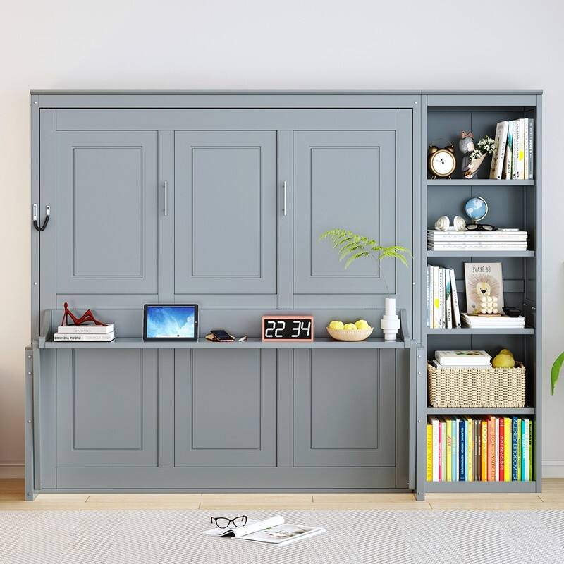 Full/Queen Size Murphy Bed with Built-in Desk, Wall Bed Folding Bed Frame with 5-Tier Side Bookshelf - Queen - Grey