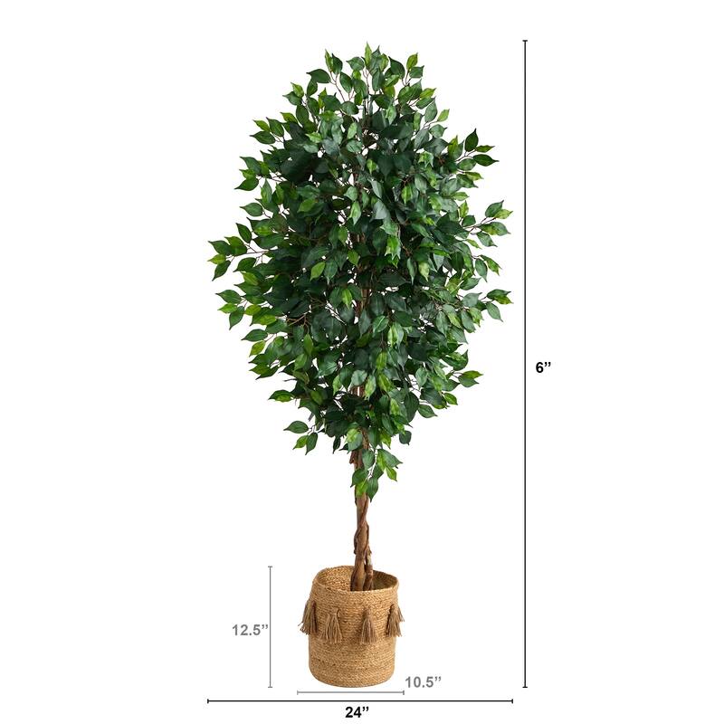 6' Ficus Artificial Tree with Natural Trunk in Handmade Natural Jute Planter with Tassels