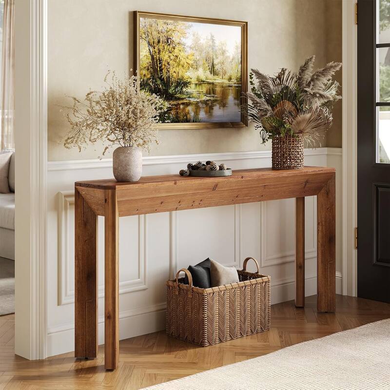 63-Inch Farmhouse Solid Wood Console Entryway Table with Splayed Legs - 62.99"W × 11.61"D × 31.49"H - Natural