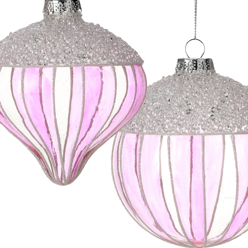 4" Glass With Ice Stripe Ball And Onion Ornament Set of 2