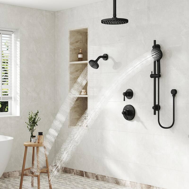 5-Spray Shower System with 8 in. Rainfall Head, 4 in. Shower Head and Handheld Shower, Valve and Adjustable Slide Bar Included