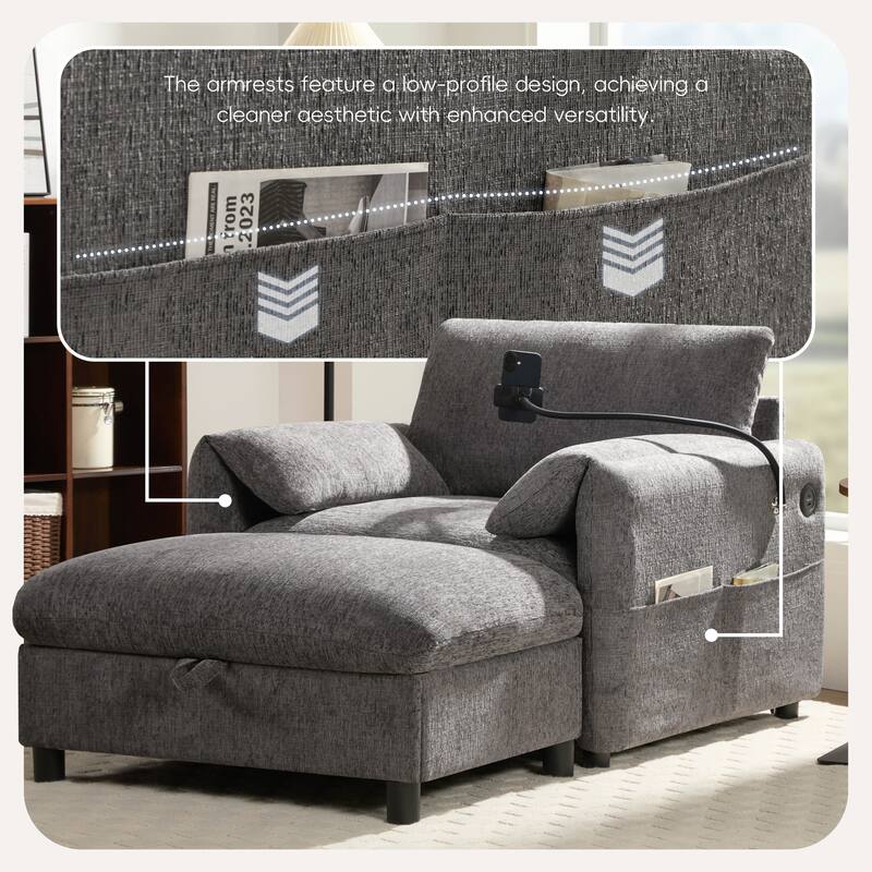 38" Single Sofa with Storage Ottoman, Adjustable Phone Holder, USB Charger, Side Storage Pockets, Pillow-Like Armrests