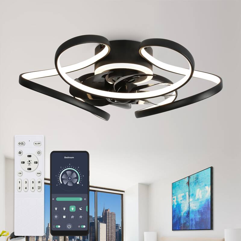 Oaks Aura 22"Futuristic Black Modern Flush Mount Ceiling Fan with Light, Low Profile 6-Speed Smart APP Ceiling Fan With Remote - Black