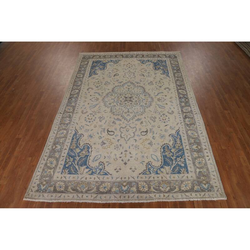 Traditional Floral Tabriz Persian Area Rug Handmade Beige Wool Carpet - 7'0"x 10'4"