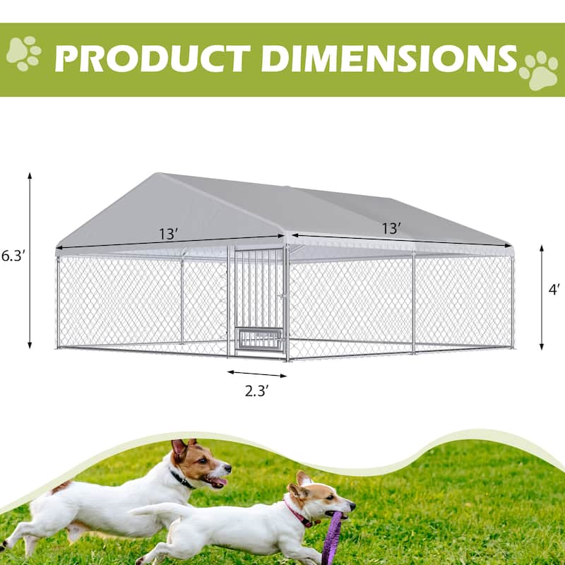 EROMMY 13'x13' Heavy Duty Dog Kennel - Waterproof Cover, Rotating Feeder & Lockable Galvanized Steel Cage