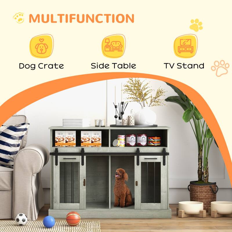 PawHut Dog Crate Furniture for Large Dogs or Double Dog Kennel for Small Dogs with Shelves, Sliding Doors - Gray