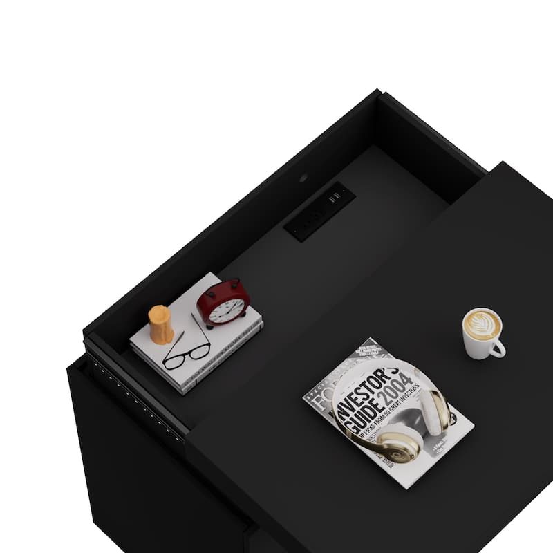 LED Lights Nightstand with Charging Station, Smart Wooden Nightstand, Storage Cabinet with Sliding Top & 3 Drawers