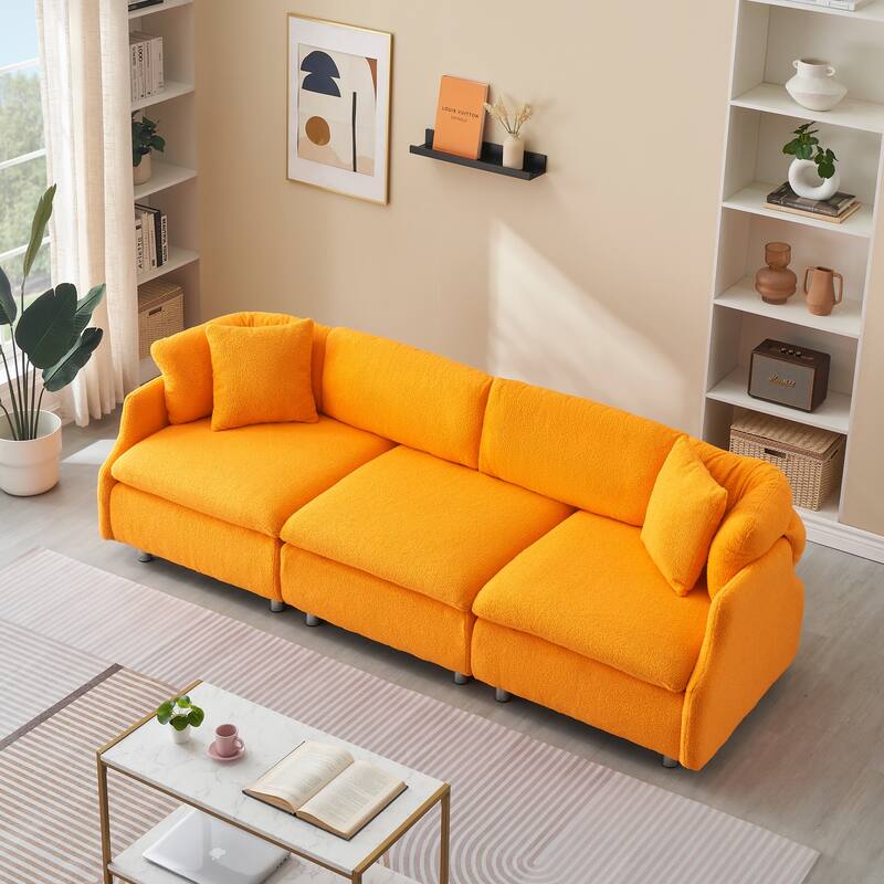 3-Seat Velvet Sofa with Teddy Fabric and Throw Pillows for Cozy Spaces