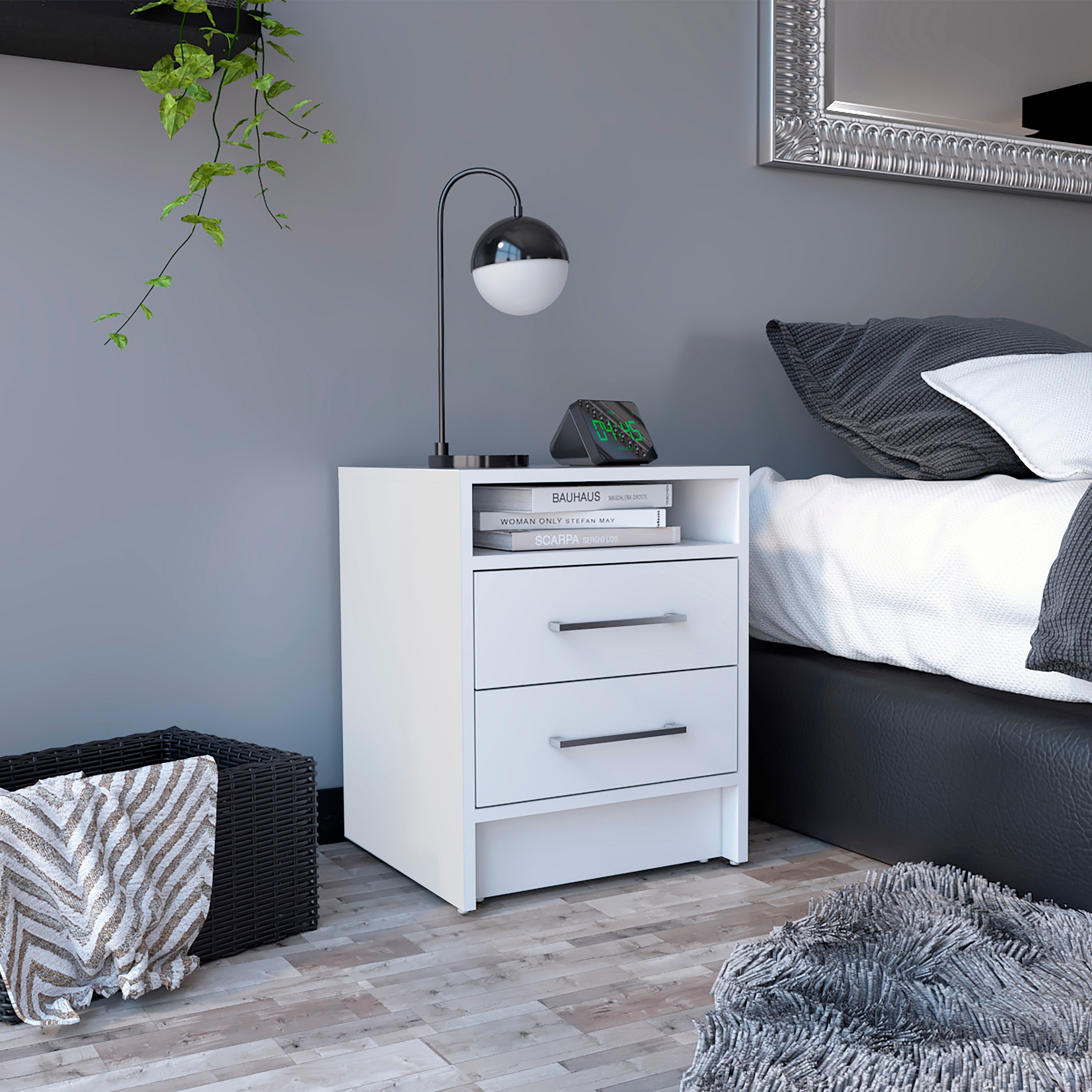 Modern Nightstand with Two Drawers and Top Shelf, White