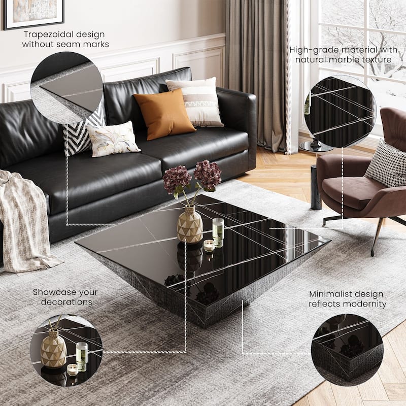 Modern Square Coffee Table, Trapezoid White Sintered Stone Coffee Table, Fully-assembled