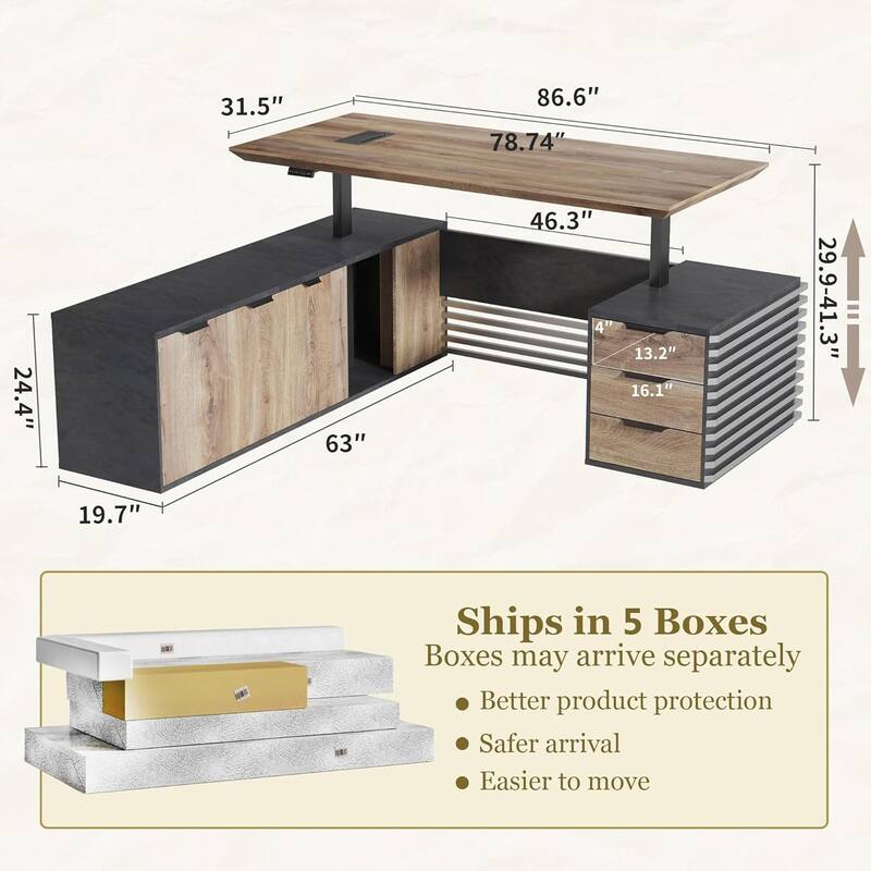 Adjustable Height Executive L Shaped Standing Desk w/ Cable Box Drawers Cabinets