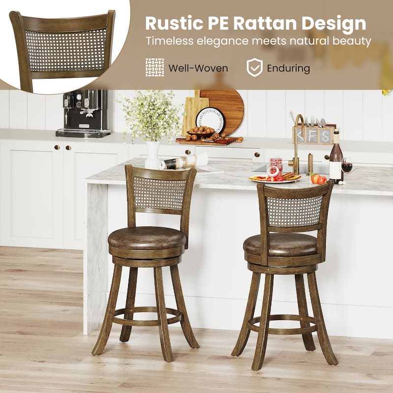 Gymax Set of 2 Bar Stools 25'' Swivel Bar Chairs w/ PE Rattan Backrest