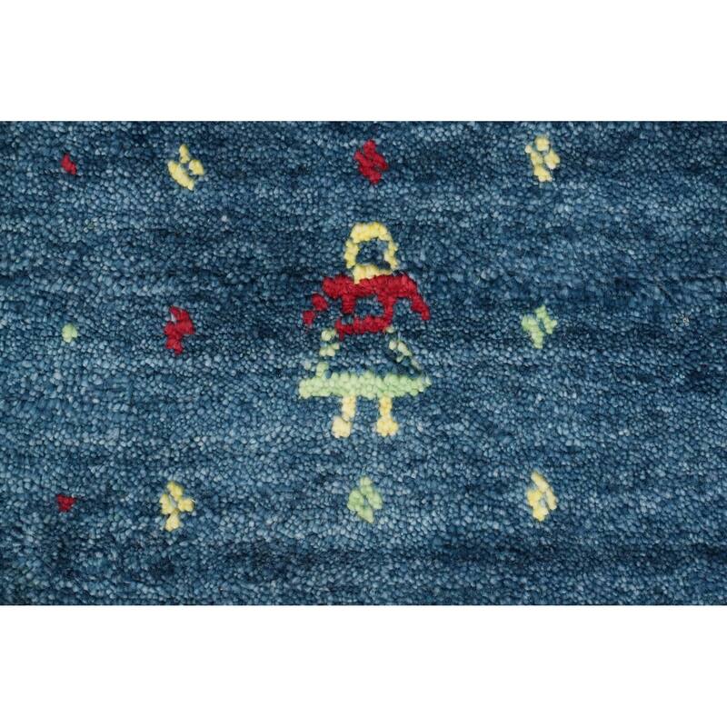 Hand Knotted Oriental Viscose Silk Carpet Tribal Animal Pictorial Navy Blue & Blues Gabbeh Runner Rug - 9' 8'' X 2' 10''