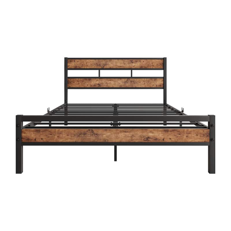 Metal Platform Full Bed Frame w/ Vintage Wood Headboard Farmhouse Bed ...