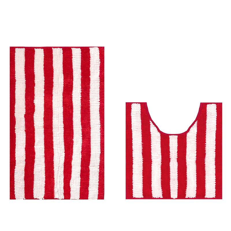 2 Piece Set Red Stripe Soft Cozy Plush Chenille Bath Mat Bathroom Rug