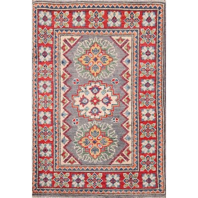 Geometric Kazak Accent Rug Handmade Grey Wool Carpet - 2'1" x 2'11"