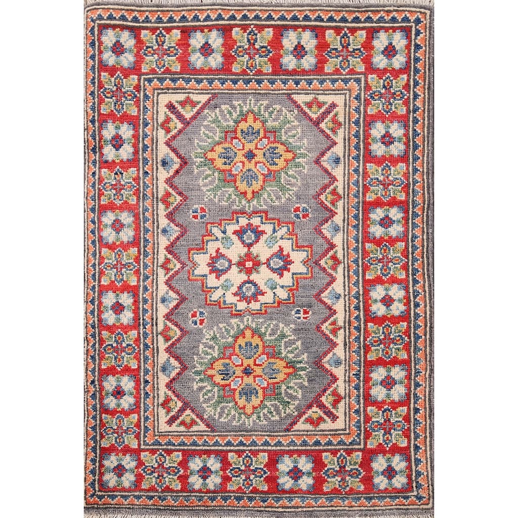 Geometric Kazak Accent Rug Handmade Grey Wool Carpet - 2'1" x 2'11"