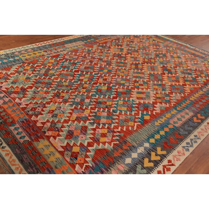 All-Over Kilim Oriental Area Rug Hand-Woven Wool Carpet - 8'4"x 11'6"