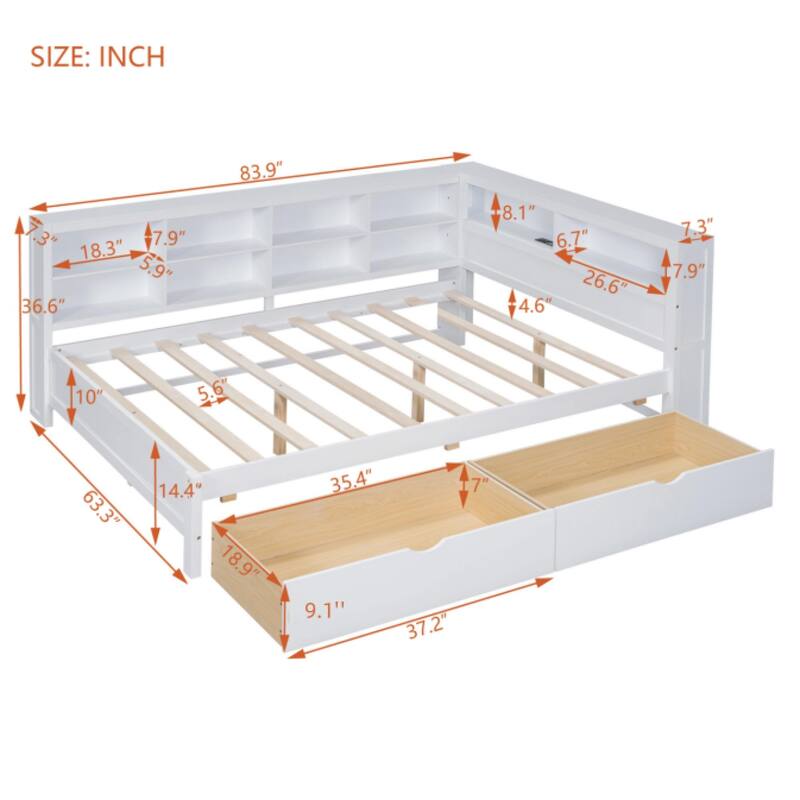 Roomfitters Wooden Daybed with Underbed Storage, Built-In Shelf & USB Charging Ports