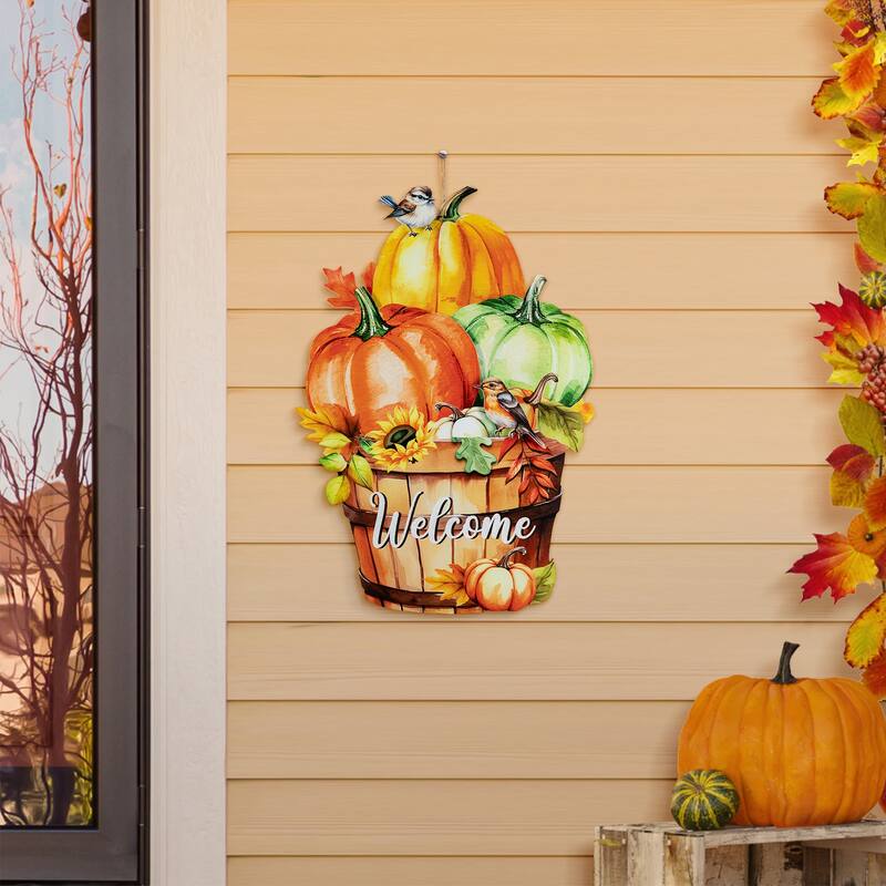 Glitzhome 30"H Fall Metal Wheelbarrow Pumpkin Welcome Barrel Yard Stake Thanksgiving Decor