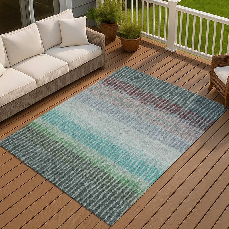 Machine Washable Indoor/ Outdoor Contemporary Stripes Chantille Rug - Teal - 2'6" x 3'10"