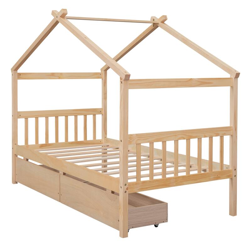 Twin Size Wooden House Bed with Drawers, Kids House-Shaped Daybed with Roof and Storage, Pinewood Frame, No Box Spring Needed