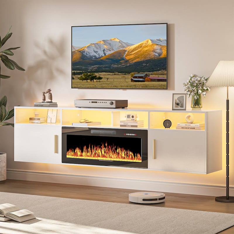 BOSSIN 80" Floating TV Stand with 36" Electric Fireplace, High Gloss Finish Wall Mounted Fireplace TV Stand with Storage - White