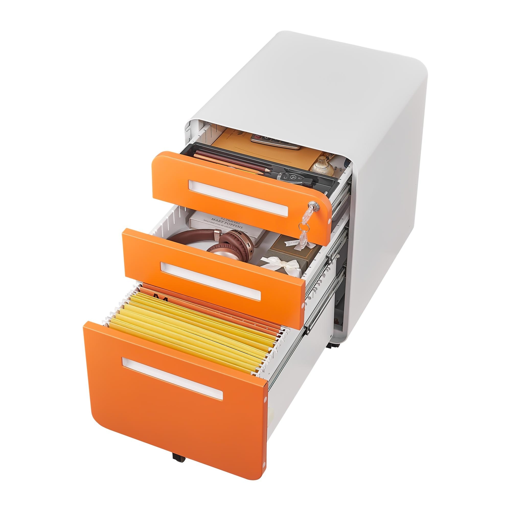 Metal Home Office Storage Cabinet with Pencil Tray & Hanging Bars, 3-Drawer Locking Mobile File Cabinet with Wheels