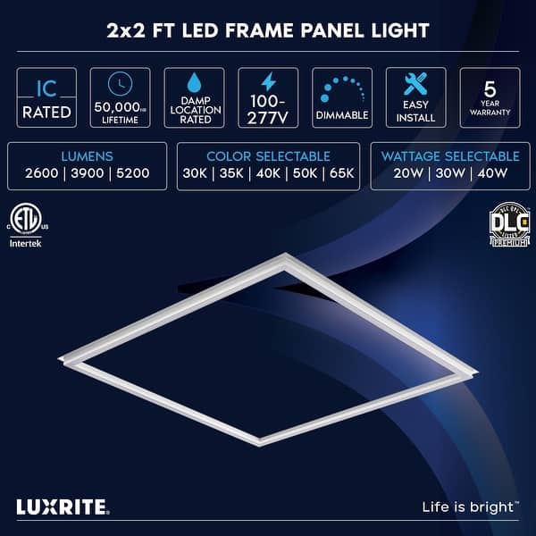 Luxrite 2x2 FT Edge-Lit Frame LED Panel Lights, 5CCT 3000K-6500K, 2600 ...