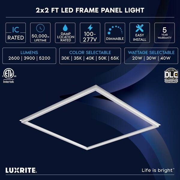 Luxrite 2x2 ft Edge Lit Frame LED Panel Lights 5CCT 3000K 6500K 2600 3900 5200LM Dimmable Damp Rated ETL 4 Pack
