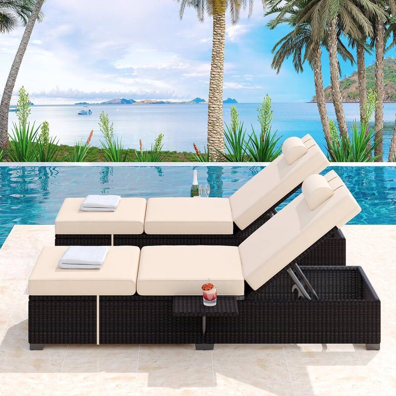PE Rattan Chaise Lounge Chair Set of 2, 2.3 in Thicken Cushion