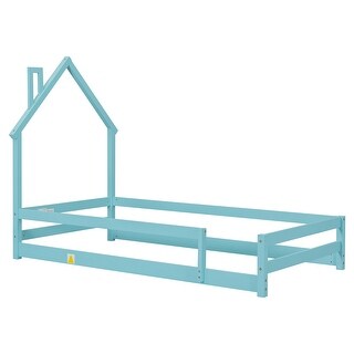 Pine Wood Floor Bed Frame With House Shaped Headboard Full-Length Guardrails Twin Size